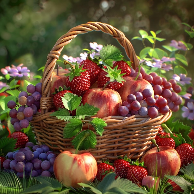 A basket of strawberries grapes and apples a delicious mix of natural foods