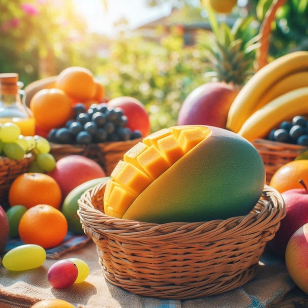 Basket of Summer Bounty Mango Rest on Rustic Wood