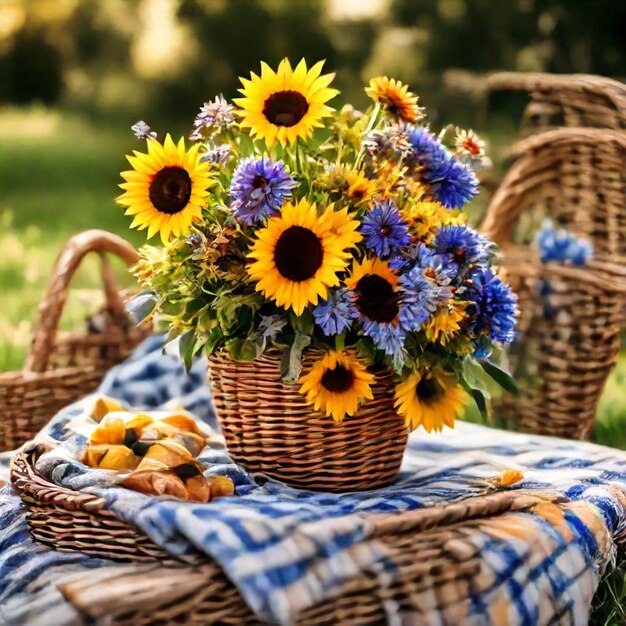 a basket of sunflowers and a blue and white checkered cloth