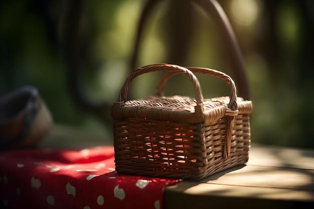 A basket on a table with a red tablecloth