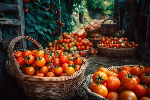 A basket of tomatoes in a garden