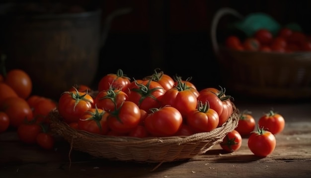 A basket of tomatoes on a rustic table of tomatoes field background Generative AI