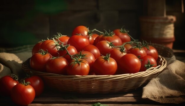 A basket of tomatoes on a rustic table of tomatoes field background Generative AI