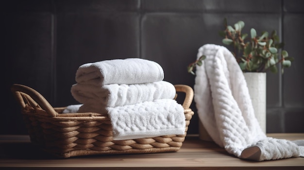 A basket of towels on a shelf with a white towel on it.