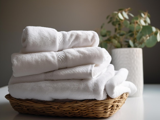 A basket of towels on a table with a plant in the background.