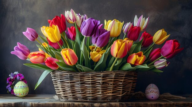 Photo a basket of tulips with a ball in the background