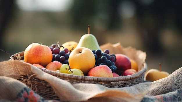 A basket of various fruits on a picnic cloth in the garden