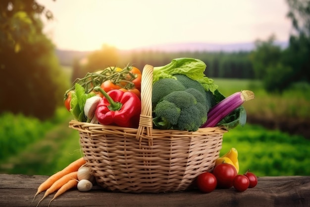 Basket vegetables on ground with farm background