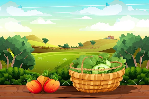 Basket vegetables on ground with farm background