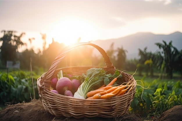 Basket vegetables on ground with farm background