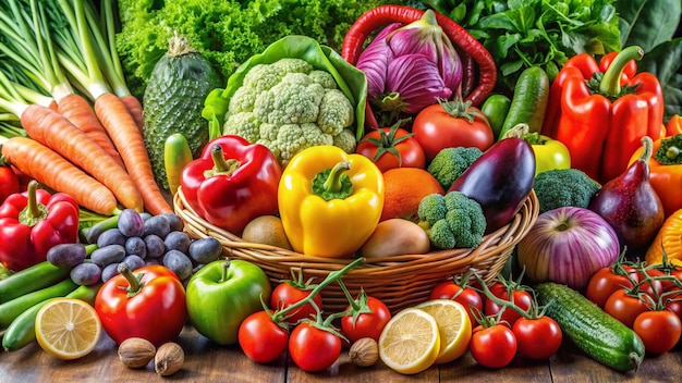 a basket of vegetables including broccoli tomatoes and cucumbers