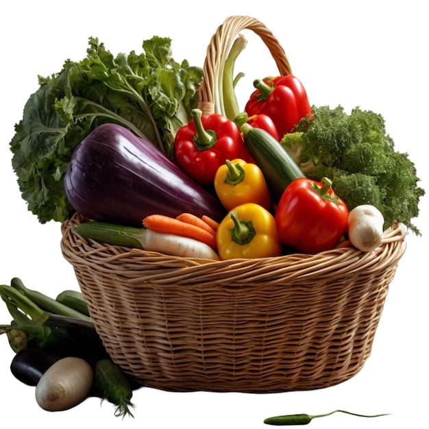 a basket of vegetables including a purple eggplant broccoli and tomatoes