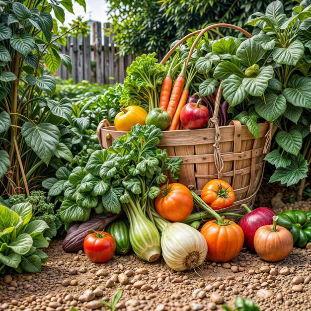 Photo a basket of vegetables including radishes tomatoes and cucumbers