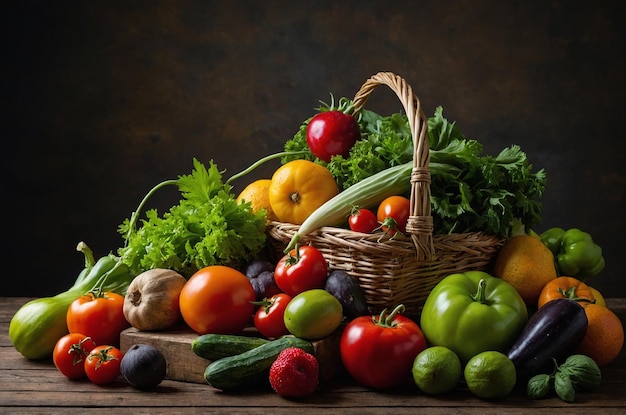 a basket of vegetables including tomatoes lettuce and tomatoes