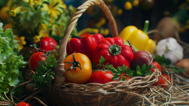 a basket of vegetables including tomatoes peppers and peppers