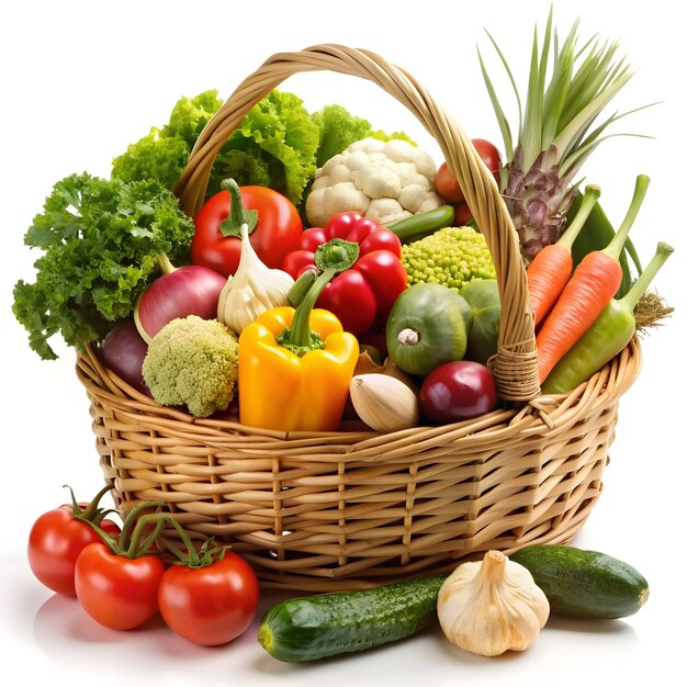 basket of vegetables on white background