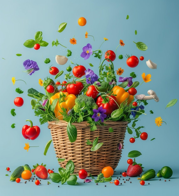 Photo a basket of vegetables with a basket of flowers and a picture of a cherry tomatoes