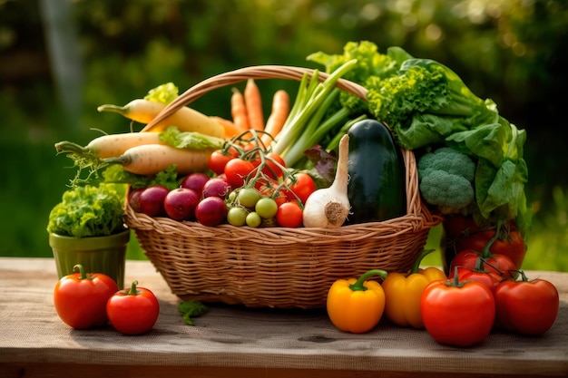 Basket of vegetables on a wooden table in the organic garden Generative AI