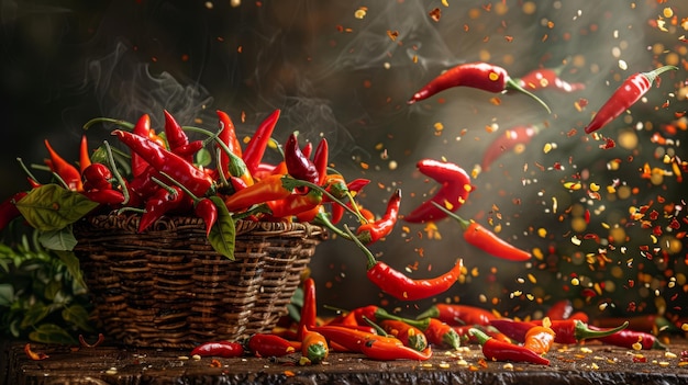 A basket of vibrant chili peppers being tipped over with peppers scattering