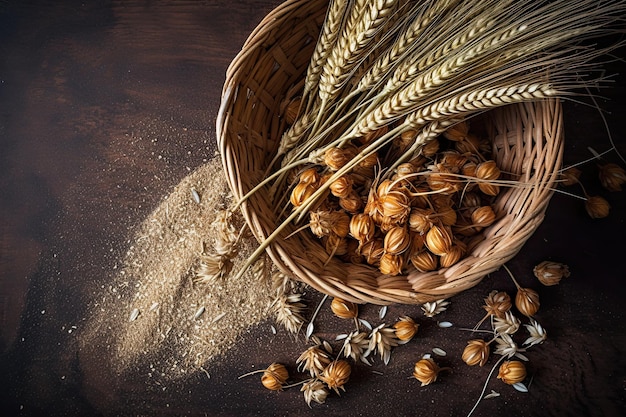 A basket of wheat seeds and a few other grains on a wooden table.