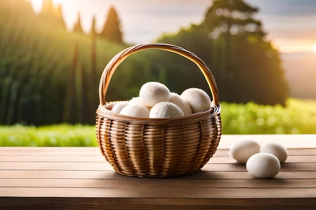 A basket of white eggs sits on a table in front of a field.