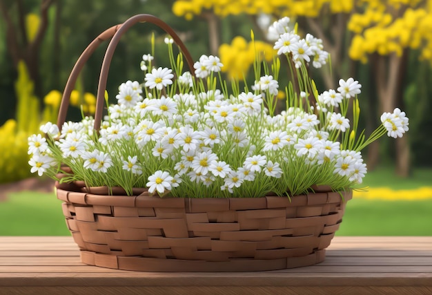 A basket of white flowers sits on a table in front of a field of green grass.