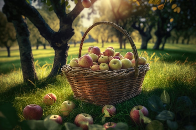 Basket with apples in summer garden Illustration Generative AI