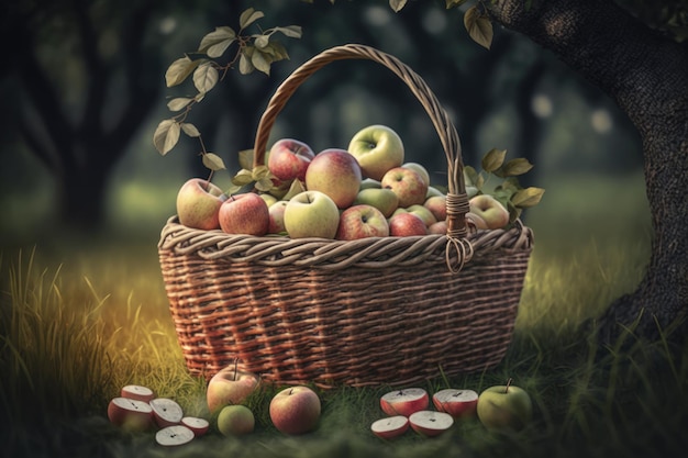 Basket with apples in summer garden Illustration Generative AI