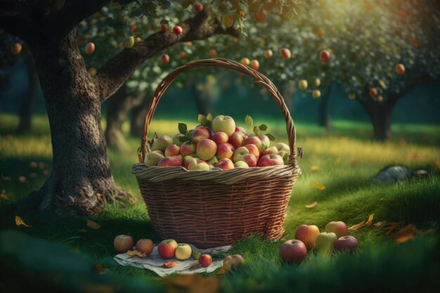 Basket with apples in summer garden Illustration Generative AI