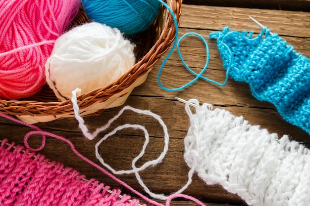 Basket with balls  yarn closeup