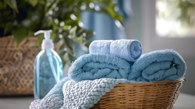 Photo basket with blue towels and plant