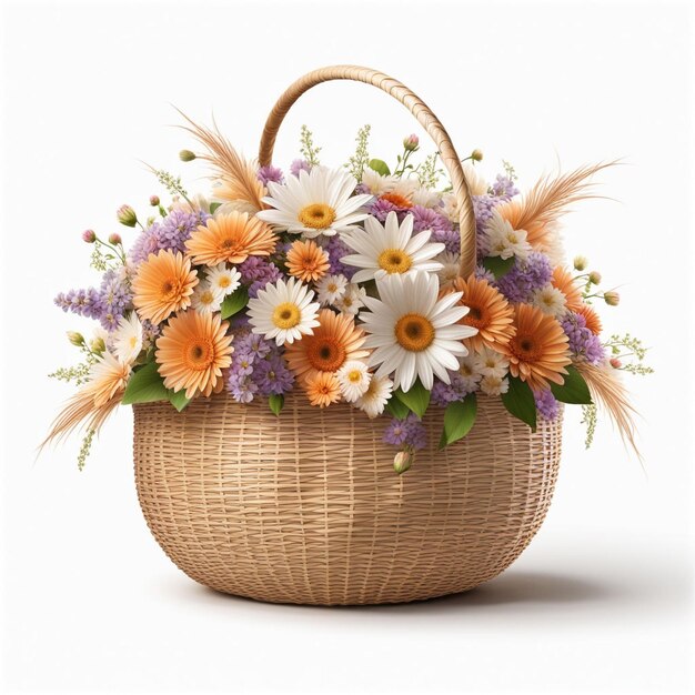 Photo a basket with a bouquet of flowers and a wicker basket with a feathered feather