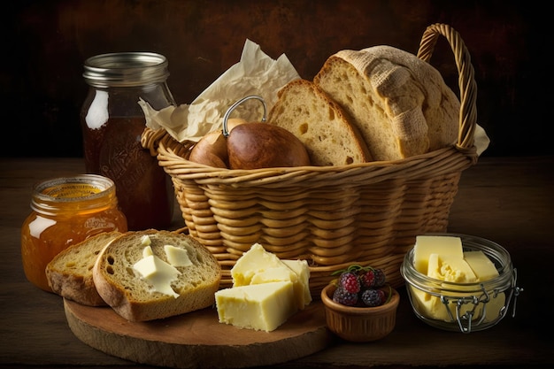 Basket with bread butter and jam on wooden table Generative AI