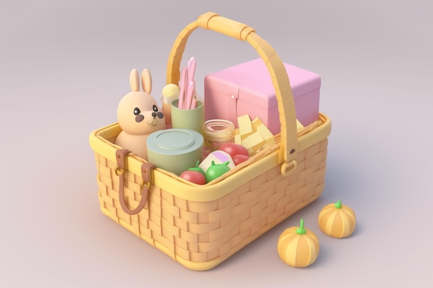 A basket with a bunny on it and a box with a box of food.