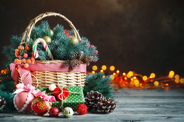  Basket with Christmas balls and Christmas gifts 