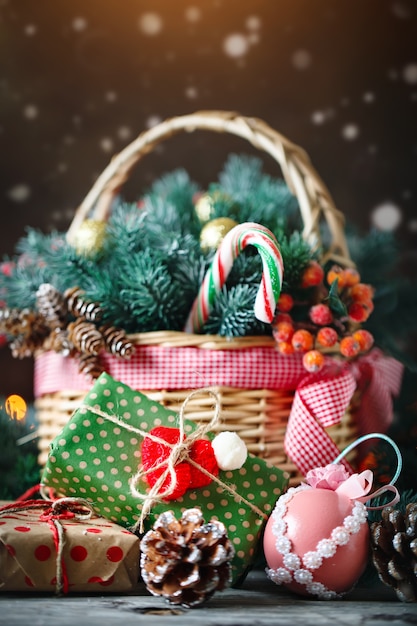  Basket with Christmas balls and Christmas gifts 