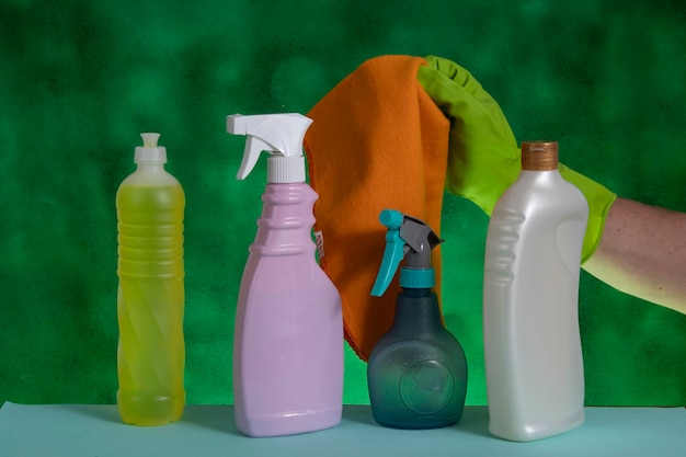 Basket with cleaning products for home hygiene use