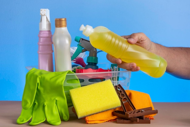 Basket with cleaning products for home hygiene use