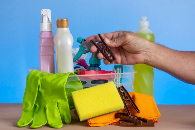 Basket with cleaning products for home hygiene use