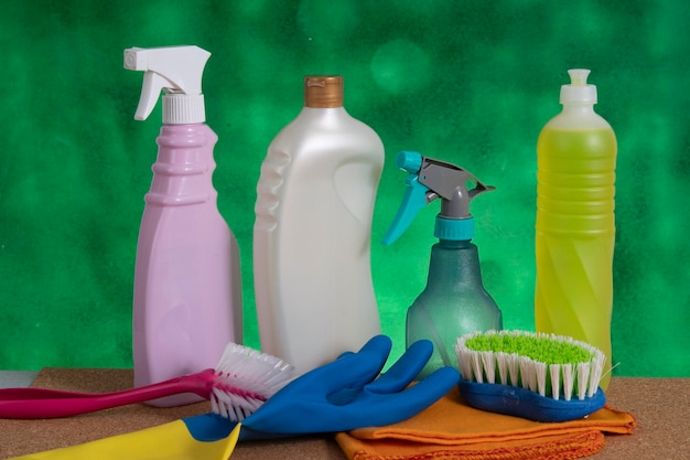 Basket with cleaning products for home hygiene use