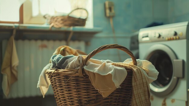 Basket with clothes in laundry room with washing machine on background