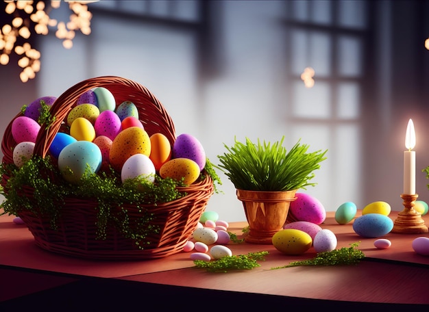 Basket with colorful Easter eggs and flowers on the table