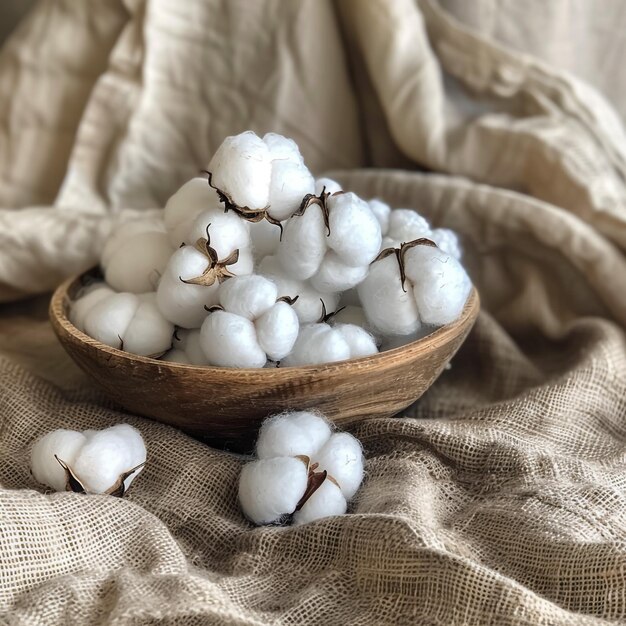 Photo basket with cotton flowers with sprig on white table in room