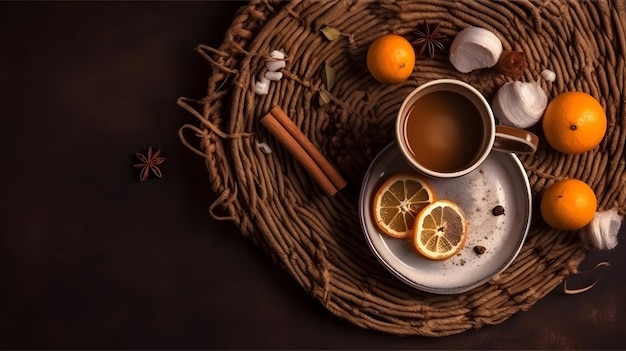 A basket with a cup of tea and oranges on it