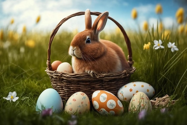 Basket with a cute fluffy rabbit and multi colored Easter eggs. Easter design.