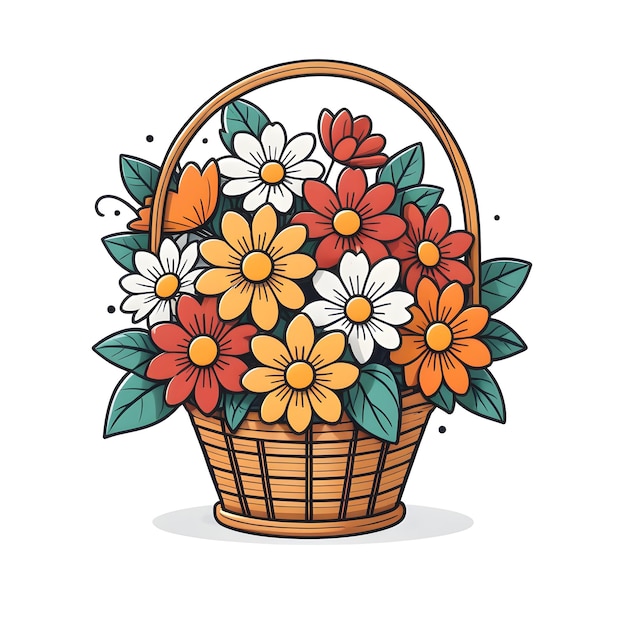 Basket With Daisies Vector Illustration In Cartoon Style