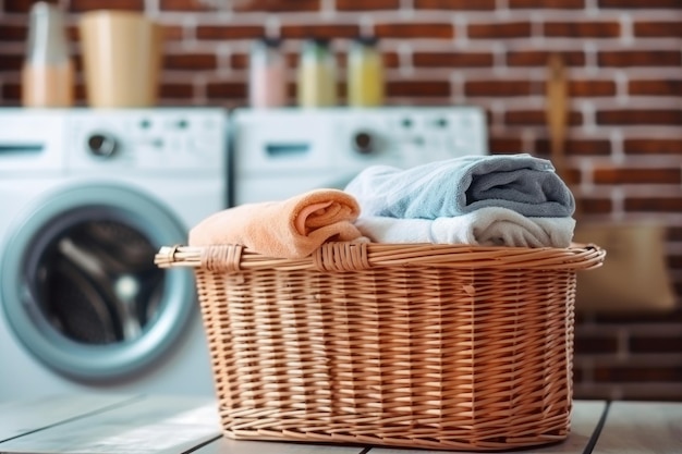 Basket with dirty clothes near washing machines in a kitchen Generative AI