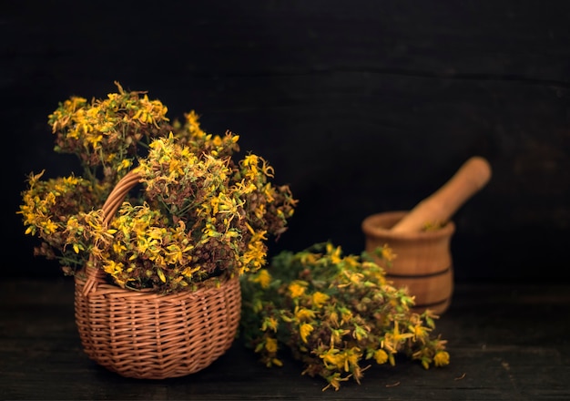 A basket with dried St. John's wort grass and fresh St. John's wort grass and a mortar on a dark wooden background