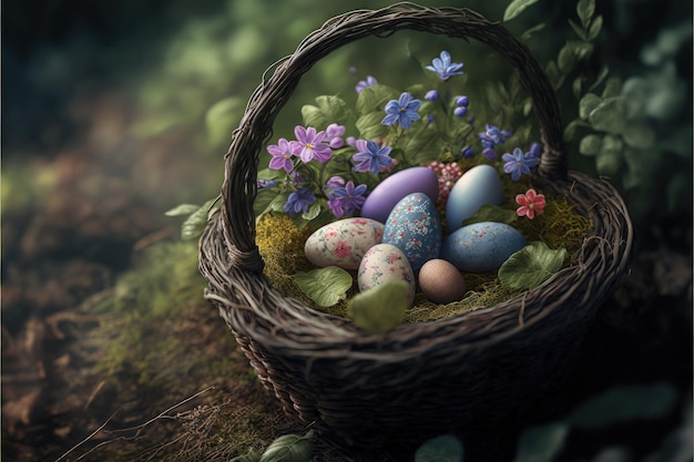 Basket with easter eggs in the garden digital illustration AI