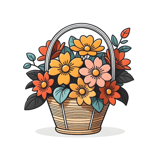 Photo basket with flowers hand drawn vector illustration in cartoon style